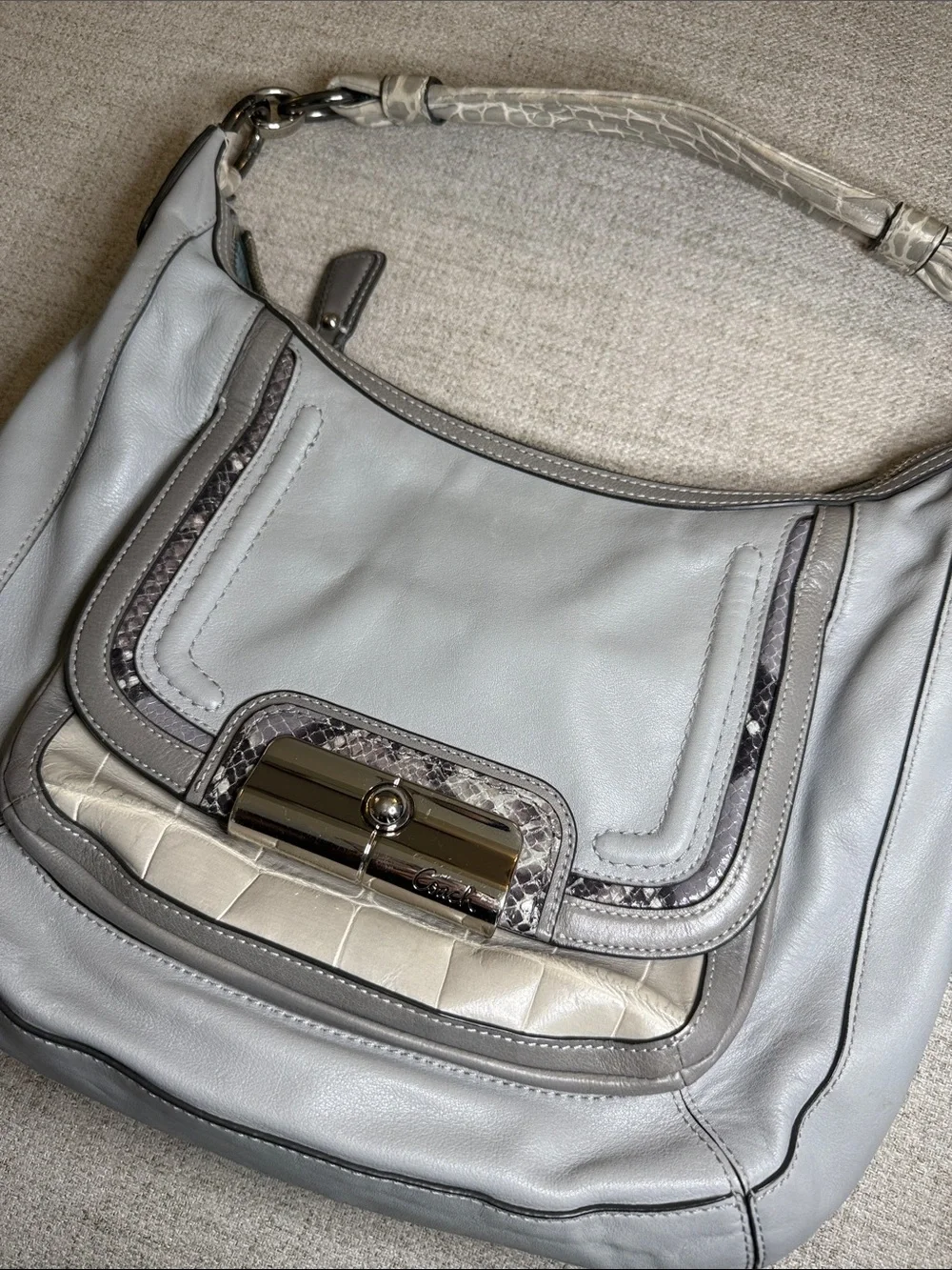 Y2K Coach Kristin Spectator Leather Hobo Bag - Grey, Python Snakeskin Trim